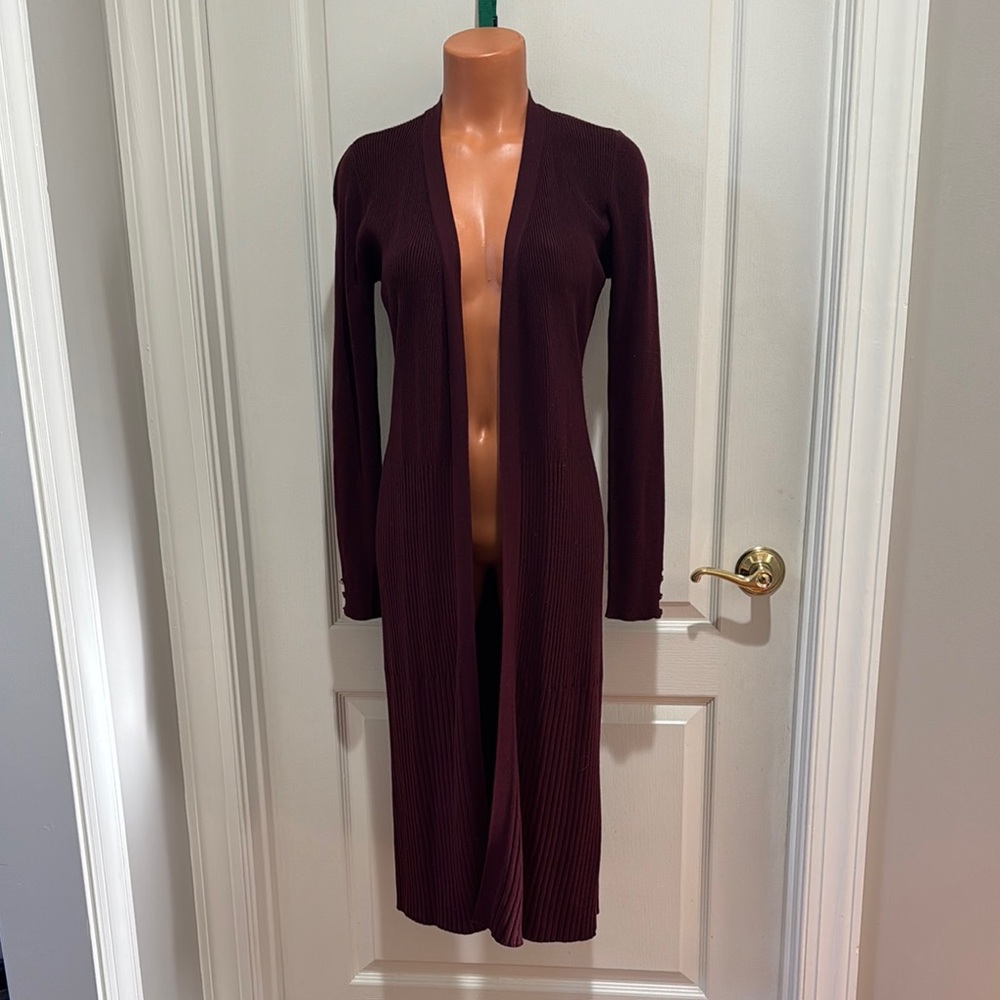 WHBM L/S Open Ribbed Wool Blend Duster Burgundy SP PS $100 EUC